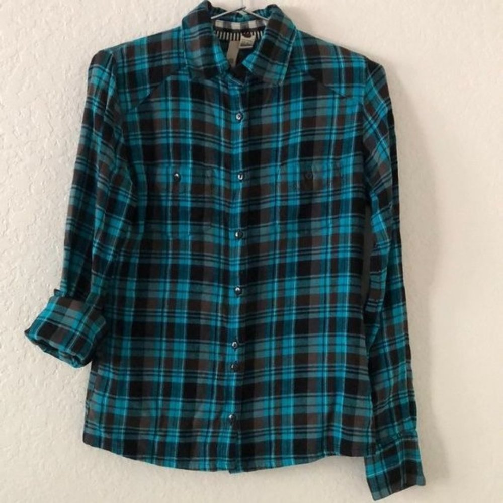 Element Flannel Turquoise Brown Plaid Button Down Button Sleeve Cuffs Womens